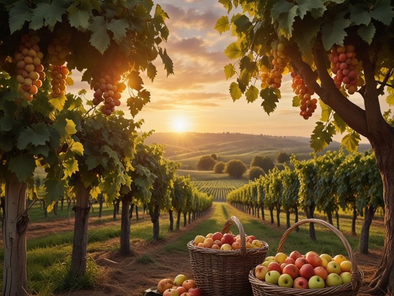 fruitharvest, vineyard, sunsetglow