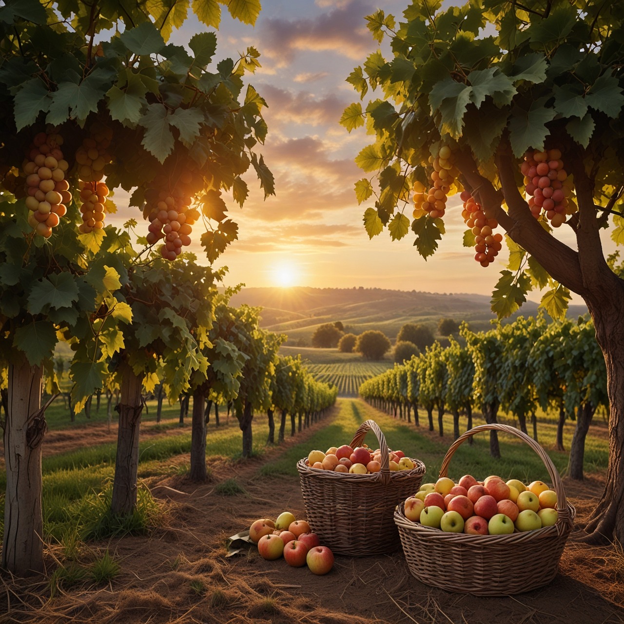 fruitharvest, vineyard, sunsetglow